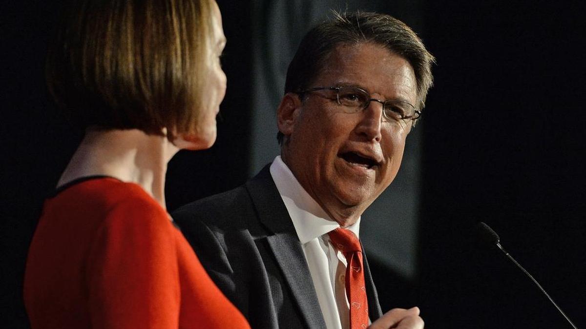 North Carolina Gov. Pat McCrory, with his wife Ann at his side, speaks to supporters at a Republican Party election results event at the Crabtree Marriott in Raleigh, N.C., on Tuesday, Nov. 8, 2016.