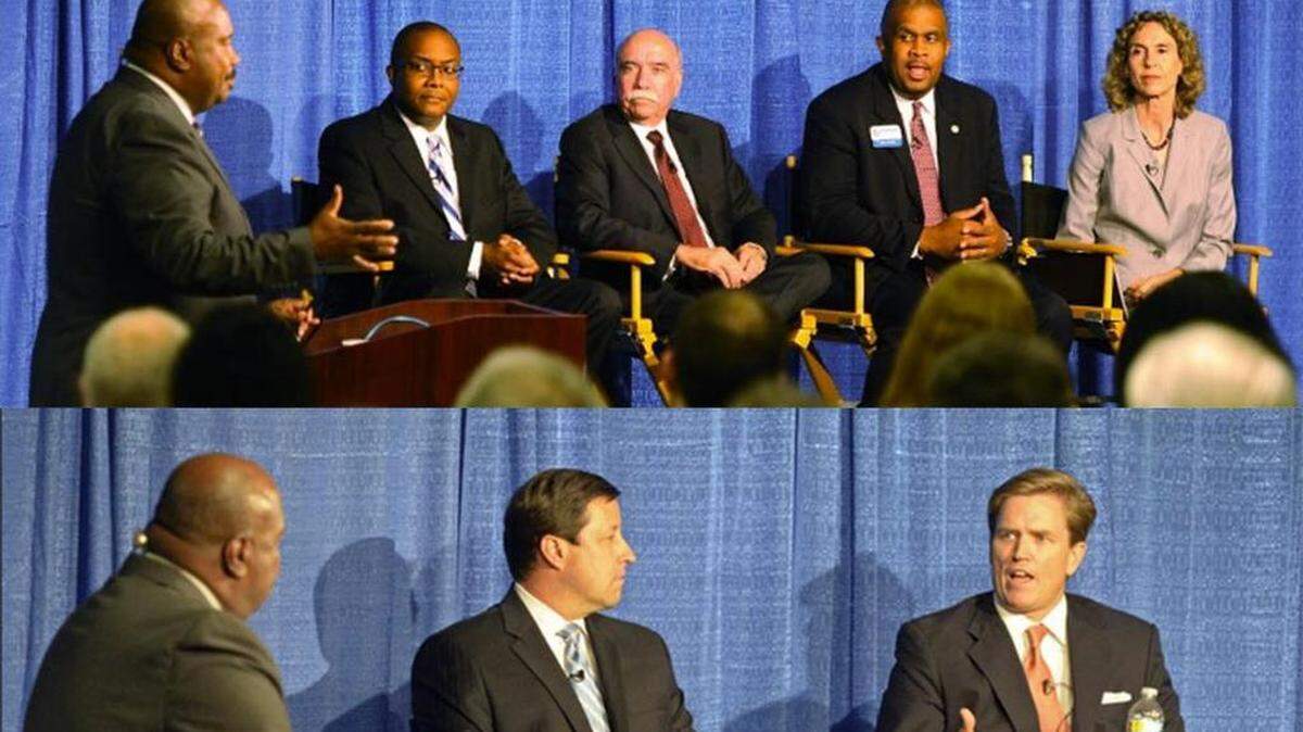 File photo: Six of the candidates running for mayor of Charlotte faced-off during a recent debate. Pictured are (top, left to right): moderator Steve Crump, and Democrats Michael Barnes, Dan Clodfelter, David Howard and Jennifer Roberts; (bottom, left to right): Crump and Republicans Scott Stone and Edwin Peacock.