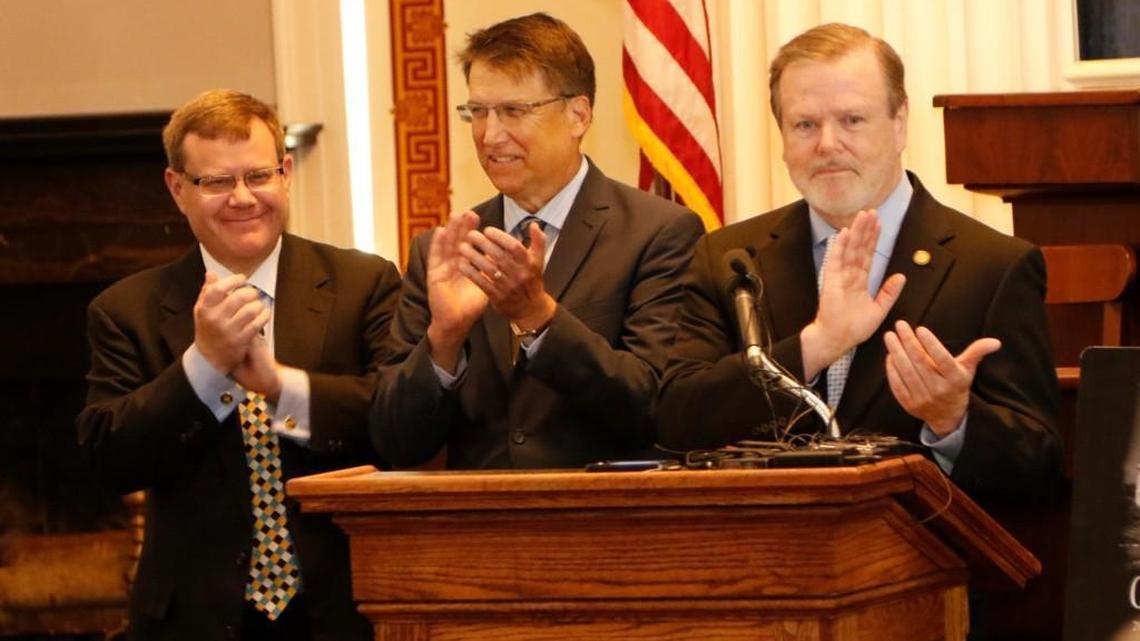 
From left, House Speaker Tim Moore, NC Gov. Pat McCrory and Senate leader Phil Berger have agreed to a $21.735 billion budget target.
