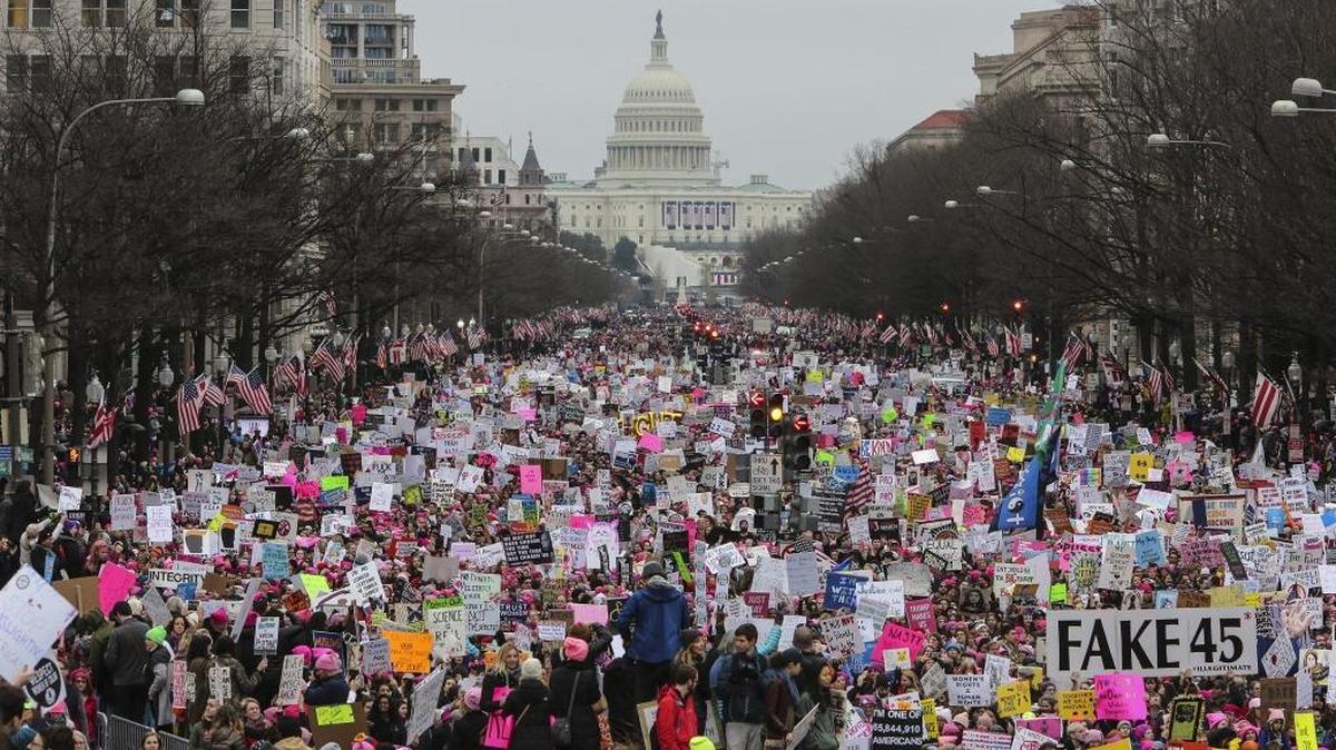 The protest march, a rejoinder to the inauguration of President Donald Trump, was the largest D.C. rally in years. Photo for The Washington Post by Oliver Contreras