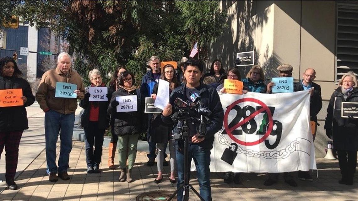 Oliver Merino of Comunidad Colectiva criticized a controversial program that leads to the deportation of undocumented immigrants after they’re arrested in Mecklenburg County.