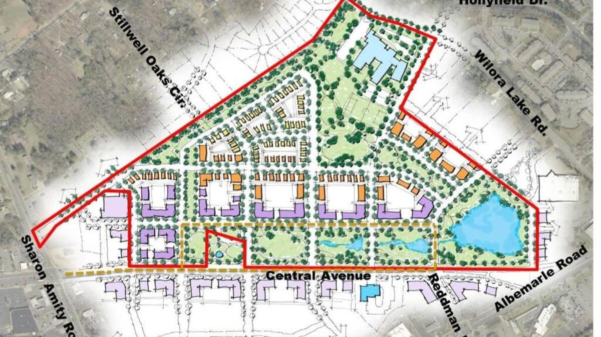 The city’s vision for the Eastland Mall site would have apartments, stores and offices and green space.