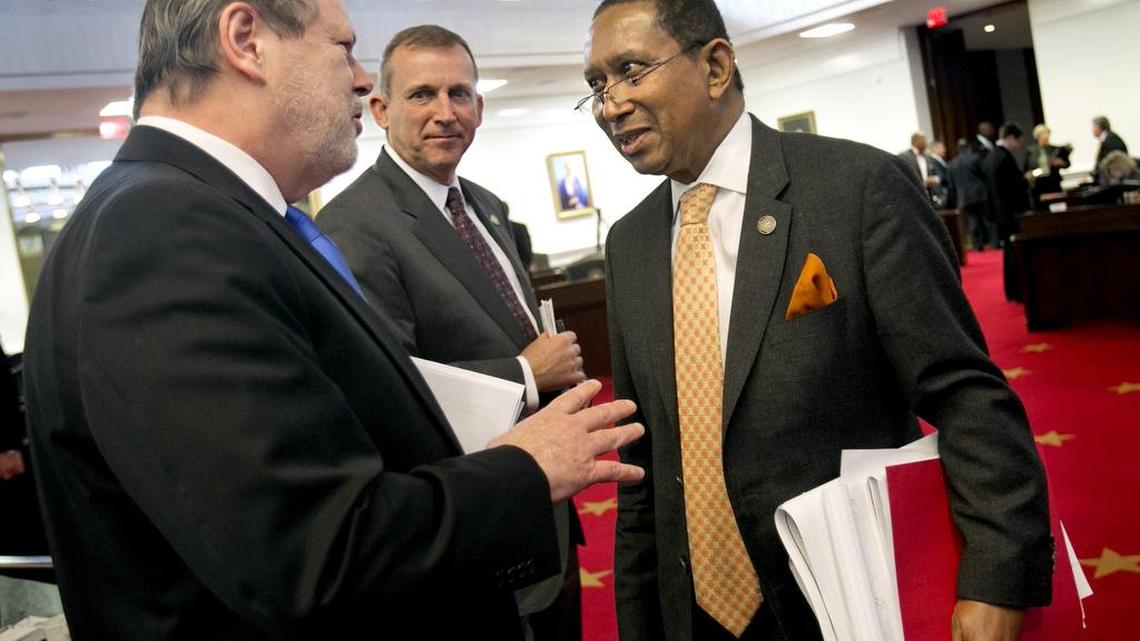 Republican Senate leader Phil Berger, left, Majority Leader Harry Brown, center and Democratic Sen. Floyd McKissick on Tuesday, February 16, 2016 at the N.C. General Assembly. McKissick objected to elements of the budget developed by Berger and Brown.