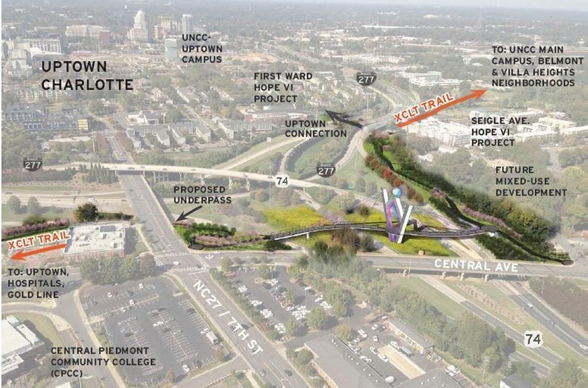 A proposed bridge over the I-277 and U.S. 74 interchange would connect two segments of greenway.