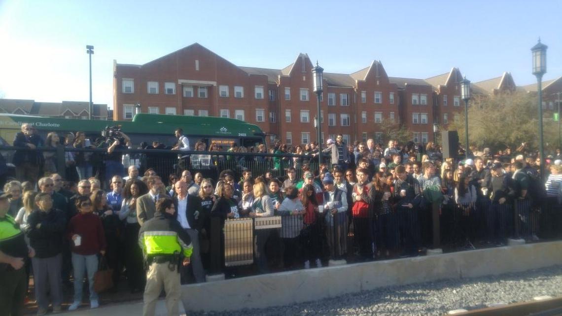 A crowd of about 500 people waited at the UNC Charlotte station Friday for the first ride on the the Lynx Blue Line extension.