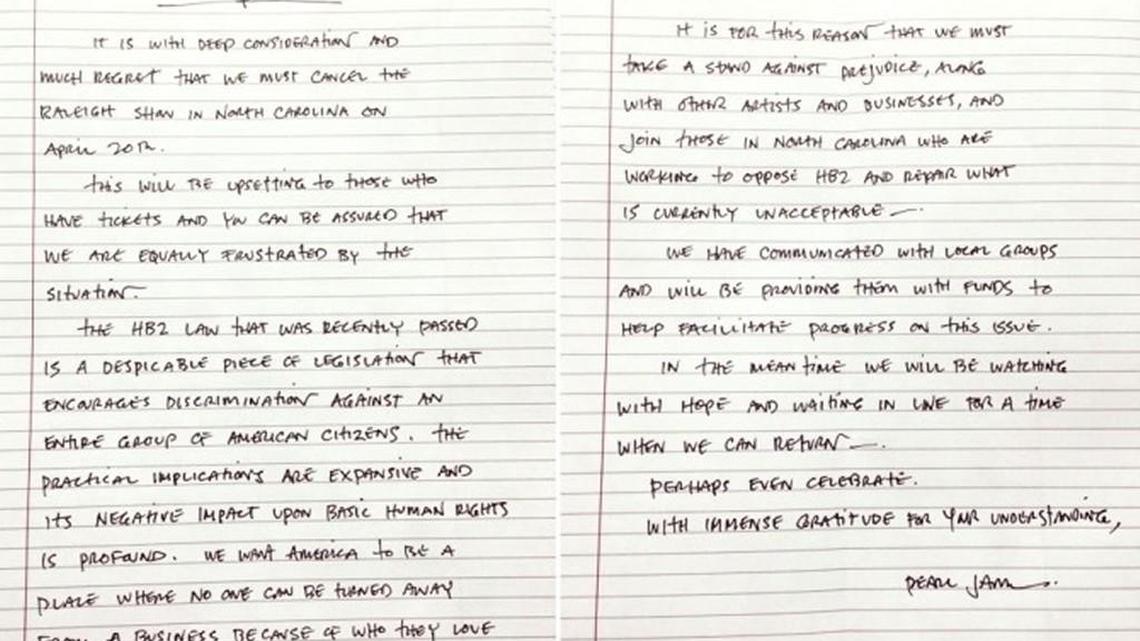 Pearl Jam’s handwritten North Carolina cancellation statement over House Bill 2.