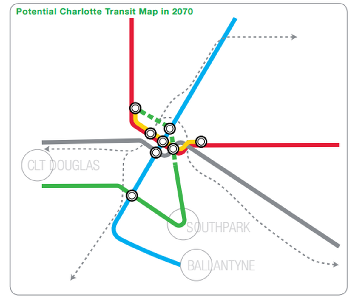The consultant Kimley-Horn included this map of Charlotte’s transit system in 2070 as part of a proposal to study the next phase of rail lines to the airport and Lake Norman.
