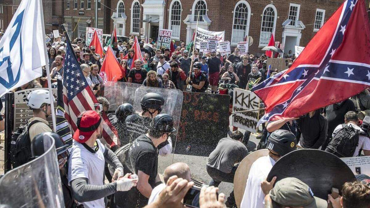 FILE -- White nationalists riot with counter protesters in Charlottesville, Va., Aug. 12, 2017. A controversial force on the left has emerged, known as antifa, a contraction of the word “anti-fascist,” describes the loose affiliation of radical activists who have surfaced in recent months at events around the country and have openly scuffled with white supremacists, right-wing extremists and, in some cases ordinary supporters of President Trump. (Edu Bayer/The New York Times)
