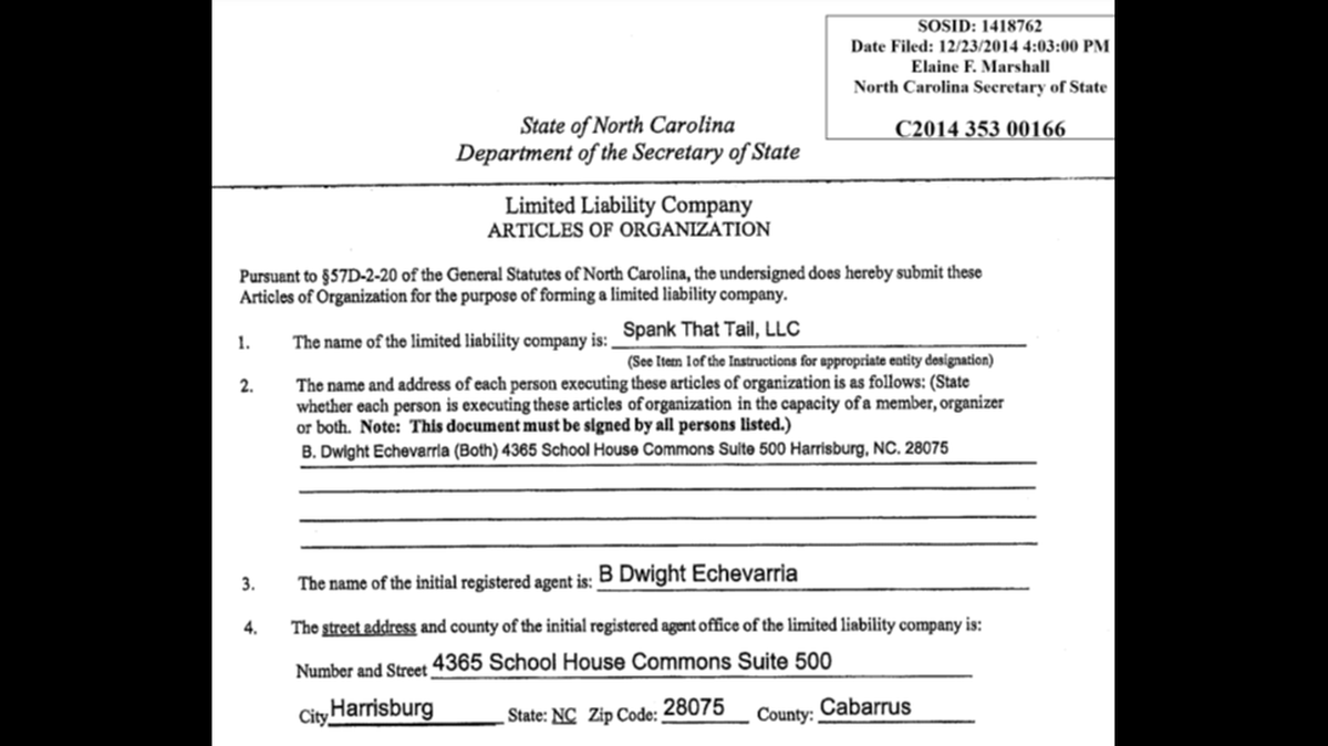 Brian Echevarria is listed as the registered agent on a 2014 business filing to create Spank That Tail LLC at an address is Harrisburg for a shopping center.