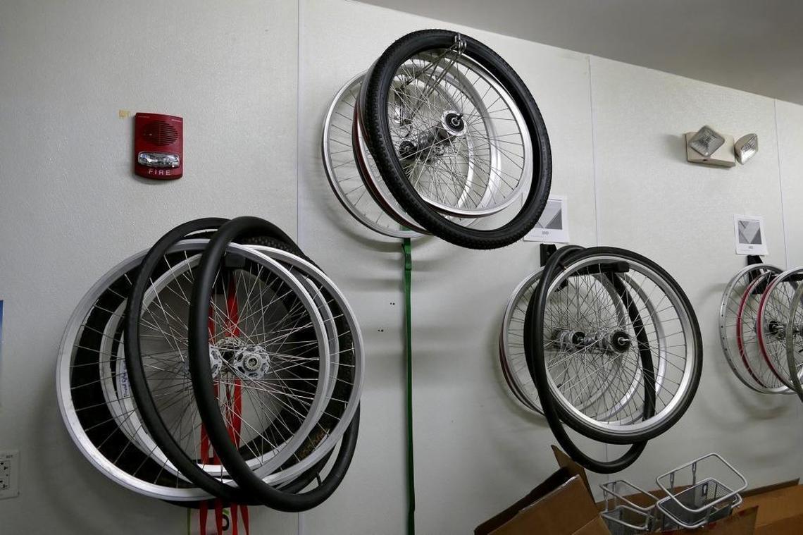 Bike tires and wheels in the shop of B-cycle on East Trade Street in Charlotte. B-Cycle was Charlotte’s first bike-share program, with new stations going up around town before the 2012 Democratic National Convention.