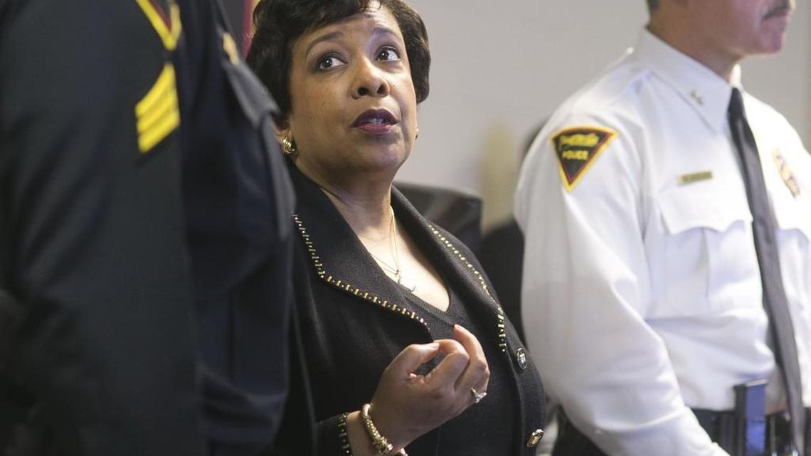 U.S. Attorney General Loretta E. Lynch visits the Fayetteville Police Department during her National Community Policing Tour on Tuesday, May 24, 2016 in Fayetteville, N.C. Fayetteville officers are using the latest technologies including body cameras in their community policing efforts.