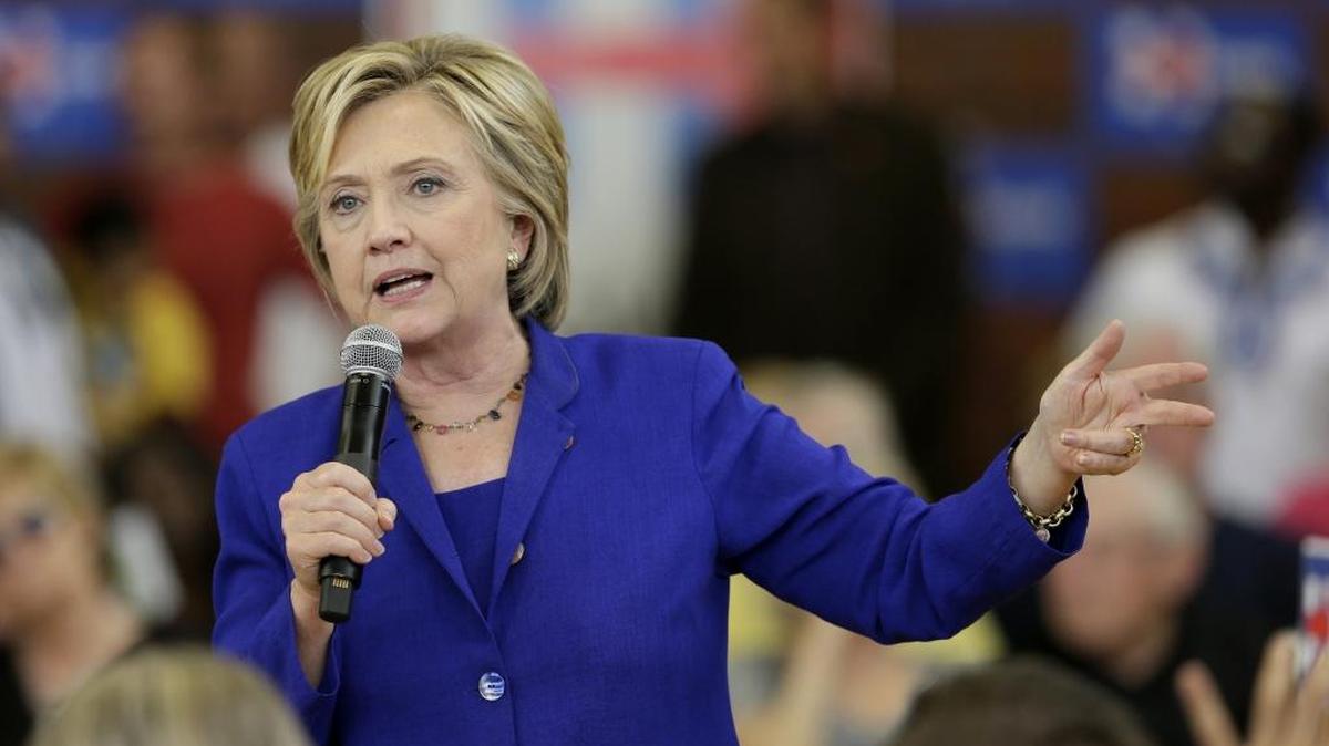 In this Sept. 22, 2015 file photo, Democratic presidential candidate Hillary Rodham Clinton speaks during a community forum on healthcare, at Moulton Elementary School in Des Moines, Iowa.