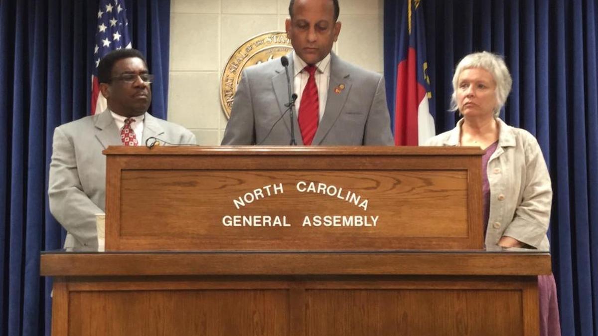 
House Democratic Leader Larry Hall, center, was flanked by Rep. Garland Pierce and Rep. Susan Fisher at a news conference on the state budget Thursday. Hall says Republicans are considering a major overhaul to the state retirement system, but legislative leaders say that won’t happen this year.

