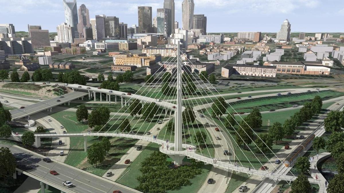 A proposed pedestrian and bike bridge over the U.S. 74 and I-277 interchange would have an iconic viewing platform in the center.