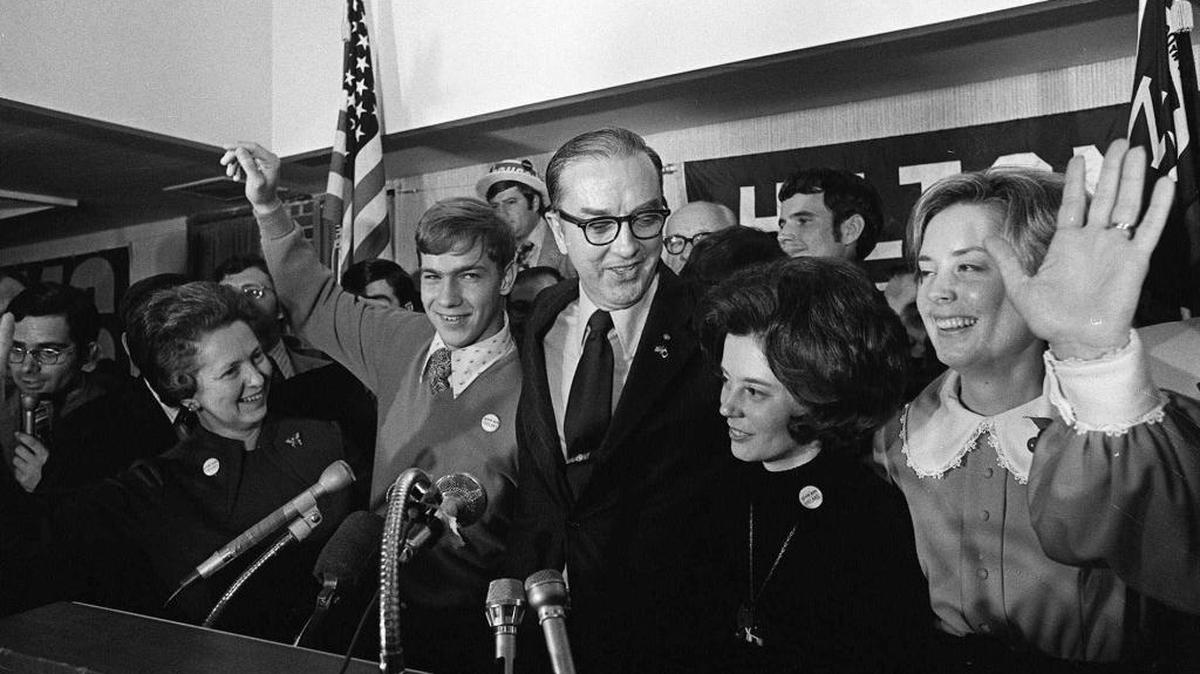 Republican Senator-elect Jesse Helms, center, is surrounded by his family after his victory speech in Raleigh in this Nov. 8, 1972 file photo. The concession speech that Helms never gave would have changed the arc of American politics, the conservative movement and maybe even the presidency.