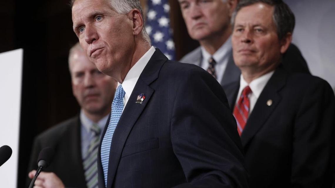 Sen. Thom Tillis, R-N.C., center, with, from left, Sen. Dan Sullivan, R-Alaska, Sen. Luther Strange, R-Ala., and Sen. Steve Daines, R-Mont., speaks during a news conference on Capitol Hill in Washington on July 11, 2017.