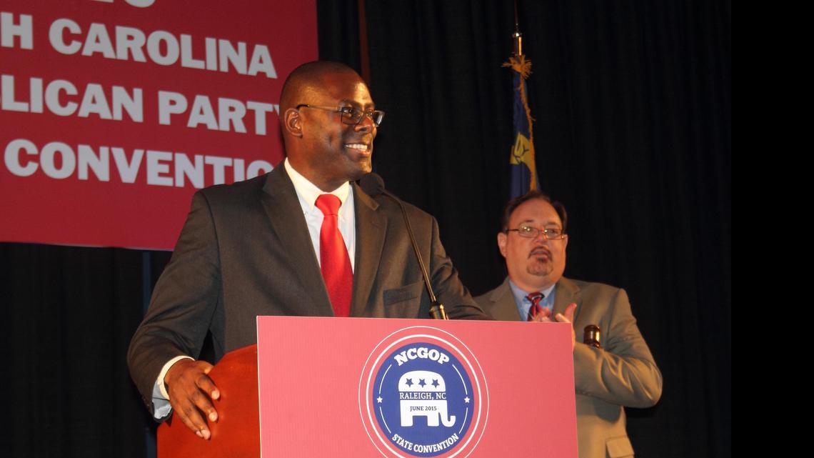 
Hasan Harnett speaks to the state GOP convention.
