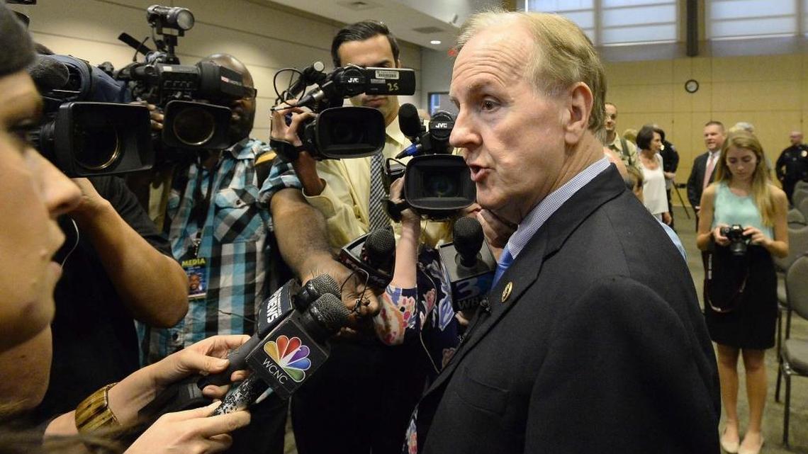 U.S. Rep. Robert Pittenger on Thursday asked the bipartisan House Ethics Committee to conduct an investigation of his role with his former real estate company, Pittenger Land Investments. Here Pittenger speaks to the media at the conclusion of a town hall meeting in Mooresville on Aug. 11, 2015.