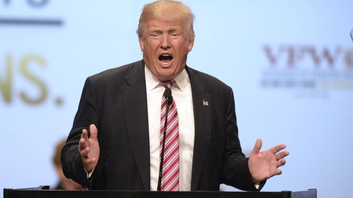 Donald Trump, the Republican presidential nominee, addresses the 117th annual VFW National Convention at the Charlotte Convention center on Tuesday, July 26, 2016. The city said Thursday it may bid for the 2020 Republican National Convention.