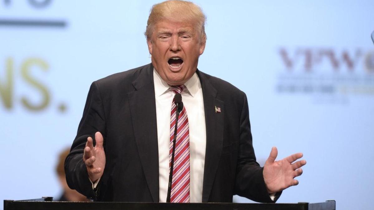 Donald Trump, the Republican presidential nominee, addresses the 117th annual VFW National Convention at the Charlotte Convention center on Tuesday, July 26, 2016. The city said Thursday it may bid for the 2020 Republican National Convention.