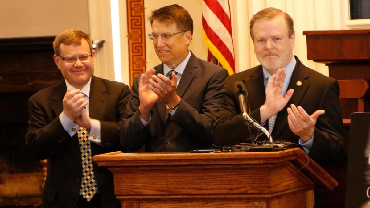 
From left, House Speaker Tim Moore, Gov. Pat McCrory and Senate leader Phil Berger appear to have differing views on a proposed bond referendum. 
