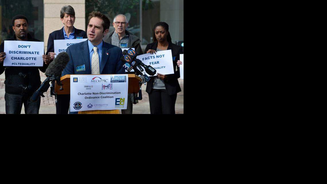 
Chris Sgro, Executive Directot Equality NC, speaks at the Charlotte Non-Discrimination Ordinance Coalition press conference at the Charlotte-Mecklenburg Government Center, Monday March 02, 2015. The group is calling on Charlotte City Council to pass "vital protections now".
