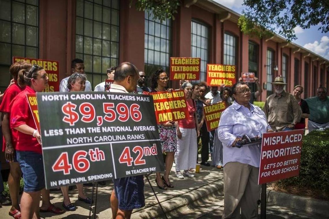 CMAE president Erlene Lyde talks to the press during a 2015 education rally.