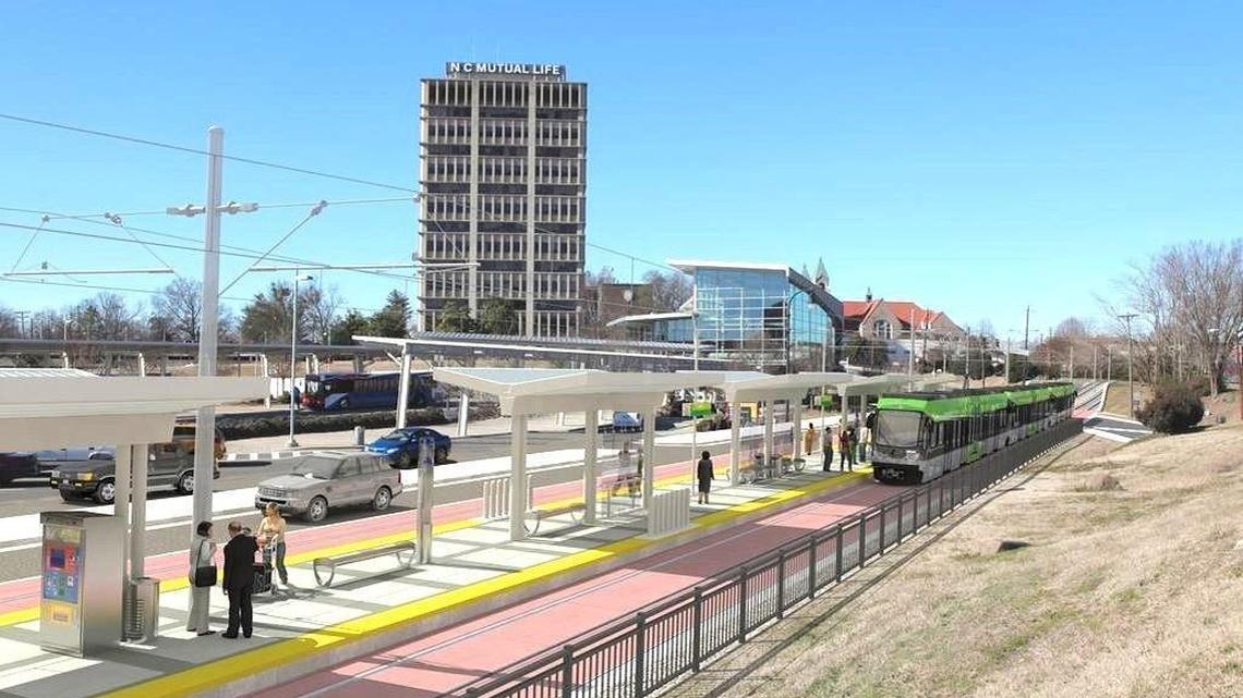 
Artist's concept of a Durham-Orange Light Rail train at a station in downtown Durham.

