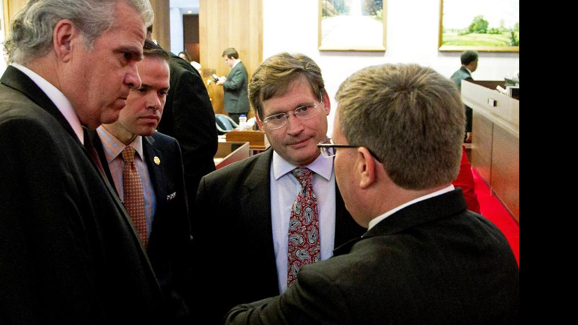 
From left, Representatives John Torbett, Justin Burr, Nelson Dollar and Tim Moore, confer during N.C. House budget deliberations in 2014. Positive revenue projections are expected to make this year’s budget talks more flexible, but some budget writers are urging “fiscal responsibility.”
