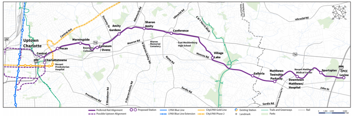 This is the planned alignment for the Silver Line, which would run along Independence Boulevard. The Silver Line could continue to the airport.
