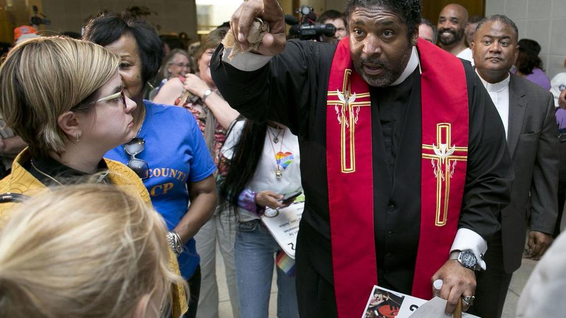 North Carolina NAACP President Rev. William Barber leads a peaceful sit in protest in opposition to House Bill 2 at the State Legislative Building in Raleigh, N.C.on Monday April 25, 2016.