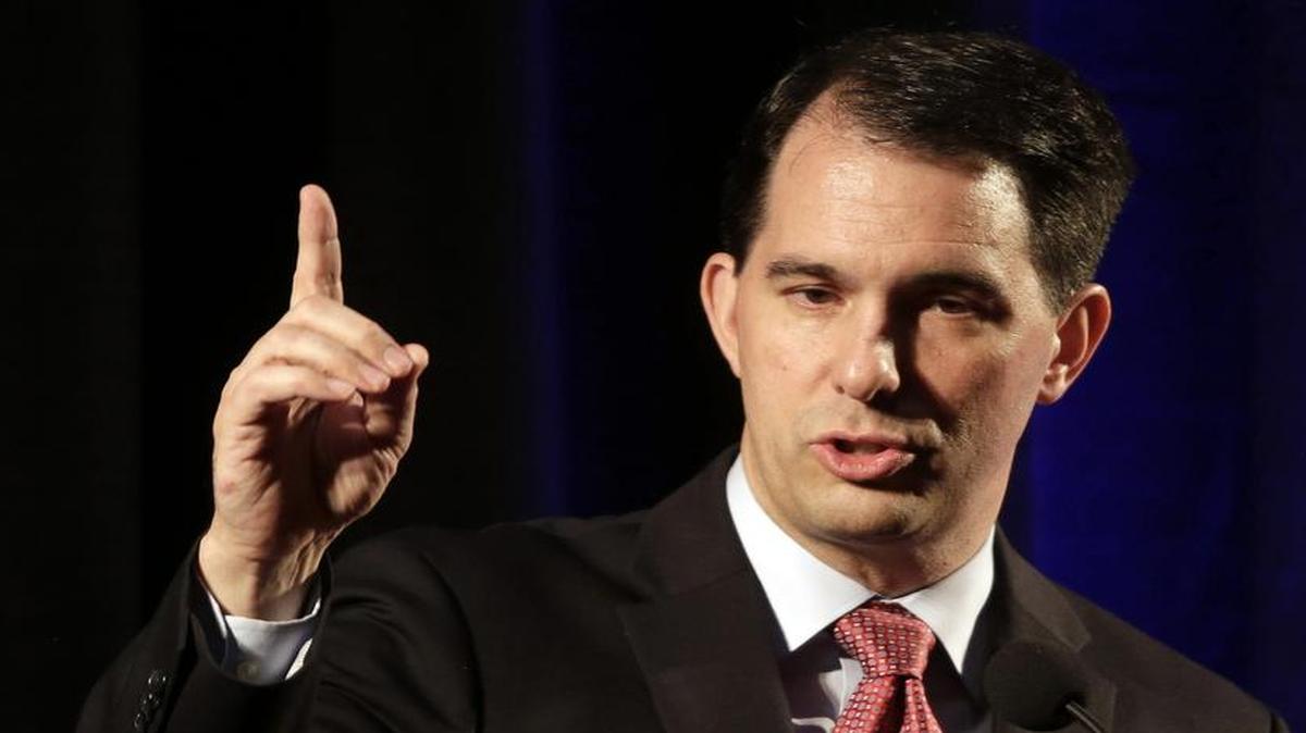 
Wisconsin Gov. Scott Walker delivers comments during the North Carolina Republican Party convention in Raleigh on Friday, June 5, 2015.
