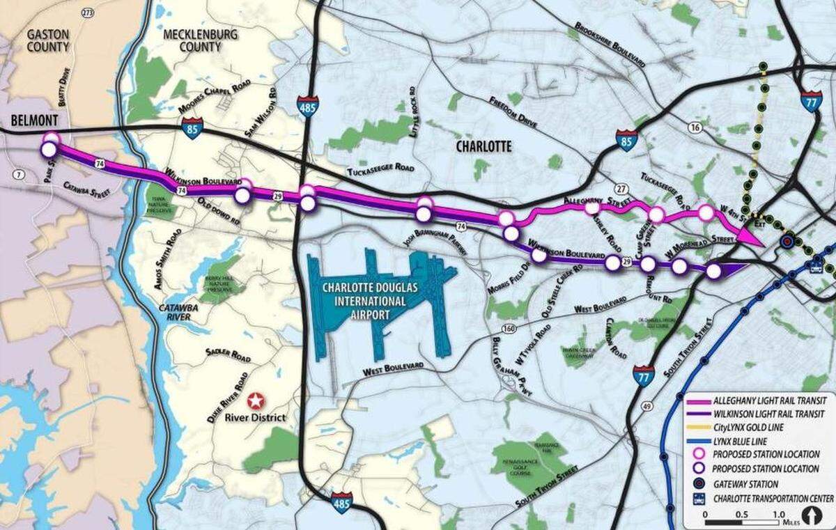 The Charlotte Area Transit System has proposed two routes for a rail line from uptown to Belmont.
