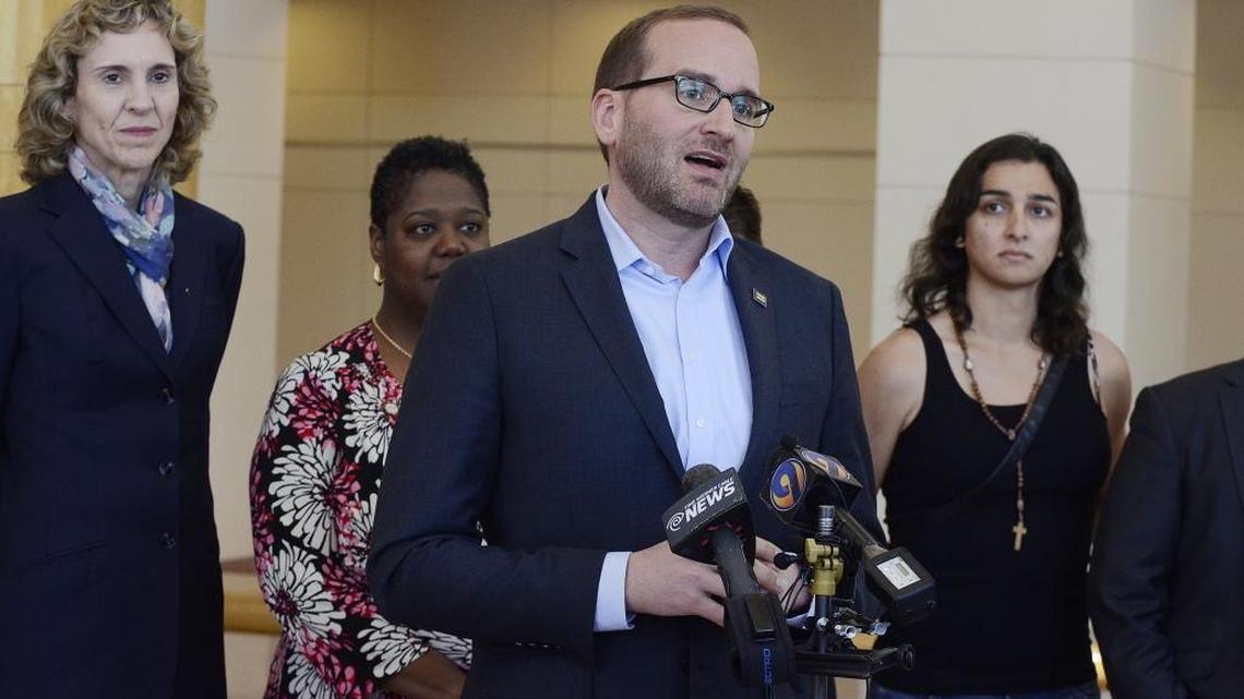Human Rights Campaign president Chad Griffin along with LGBT supporters addressed the media last month about House Bill 2. Charlotte Mayor Jennifer Roberts, Human Rights Campaign President Chad Griffin, Equality NC Executive Director Chris Sgro, Charlotte City Council member Lawana Mayfield, and other Charlotte City Council members.