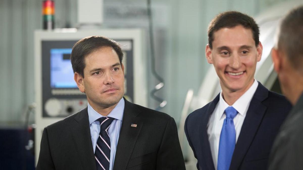 Republican presidential candidate, Sen. Marco Rubio, R-Fla., accompanied by Ohio State Treasurer Josh Mandel, talks to workers during a stop at BOC Water Hydraulics, Friday, October 16, 2015, in Salem, Ohio.