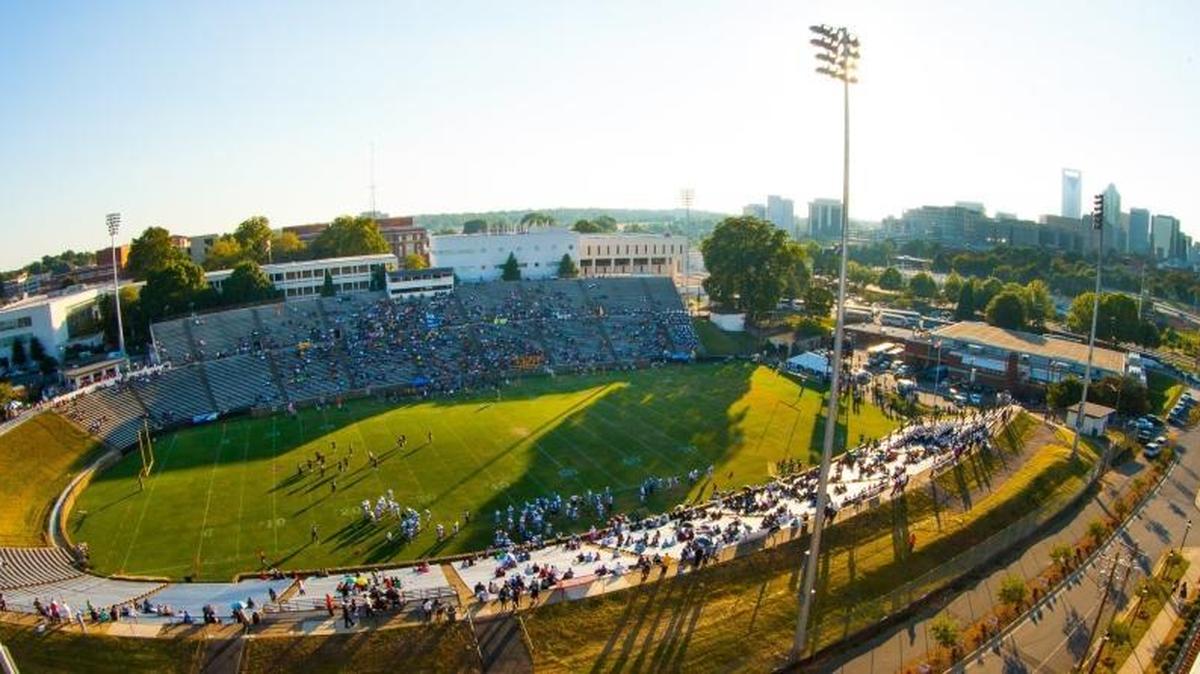 Memorial Stadium in Charlotte, seen through a fisheye lens during the Commemorative Classic CIAA college football game in 2013. City and county leaders are considering a proposal to demolish Memorial Stadium and build a $175 million stadium to accommodate a Major League Soccer expansion team.
