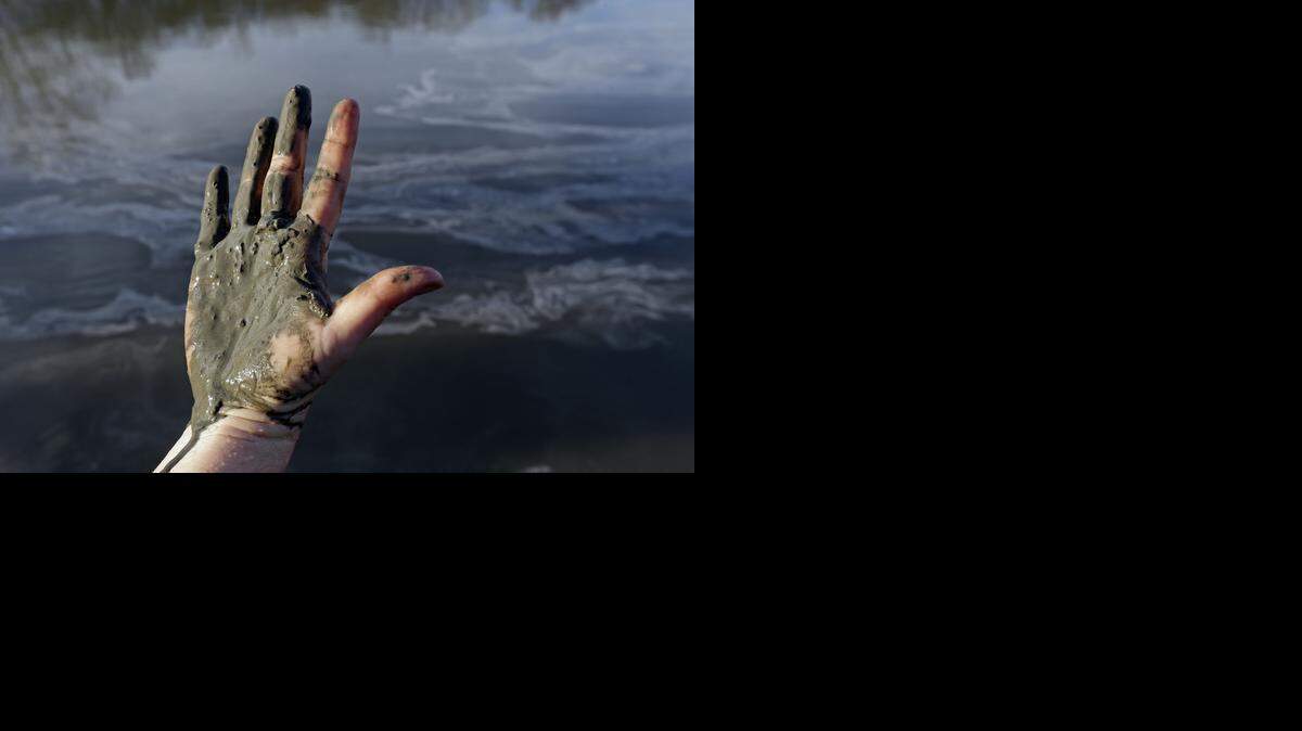 
Amy Adams, North Carolina campaign coordinator with Appalachian Voices, shows her hand covered with wet coal ash from the Dan River swirling in the background as state and federal environmental officials continued their investigations of a spill of coal ash into the river in Danville, Va., Wednesday, Feb. 5, 2014. 
