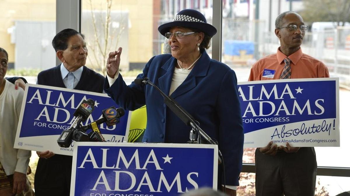 Congresswoman Alma Adams, (D-NC-12) is surrounded by supporters at First Ward Park in Charlotte, as she announced that she will seek re-election March 10.