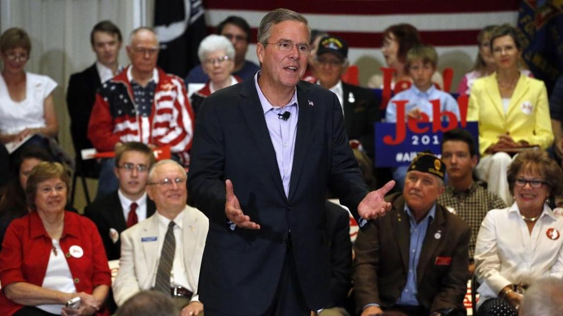 
Republican presidential candidate, former Florida Gov. Jeb Bush, speaks during a town hall style campaign stop, at the VFW in Englewood, Colo., Tuesday, Aug. 25, 2015. 
