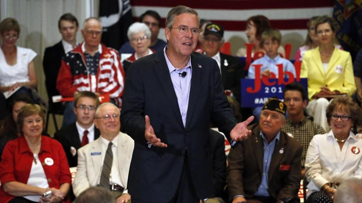 
Republican presidential candidate, former Florida Gov. Jeb Bush, speaks during a town hall style campaign stop, at the VFW in Englewood, Colo., Tuesday, Aug. 25, 2015. 
