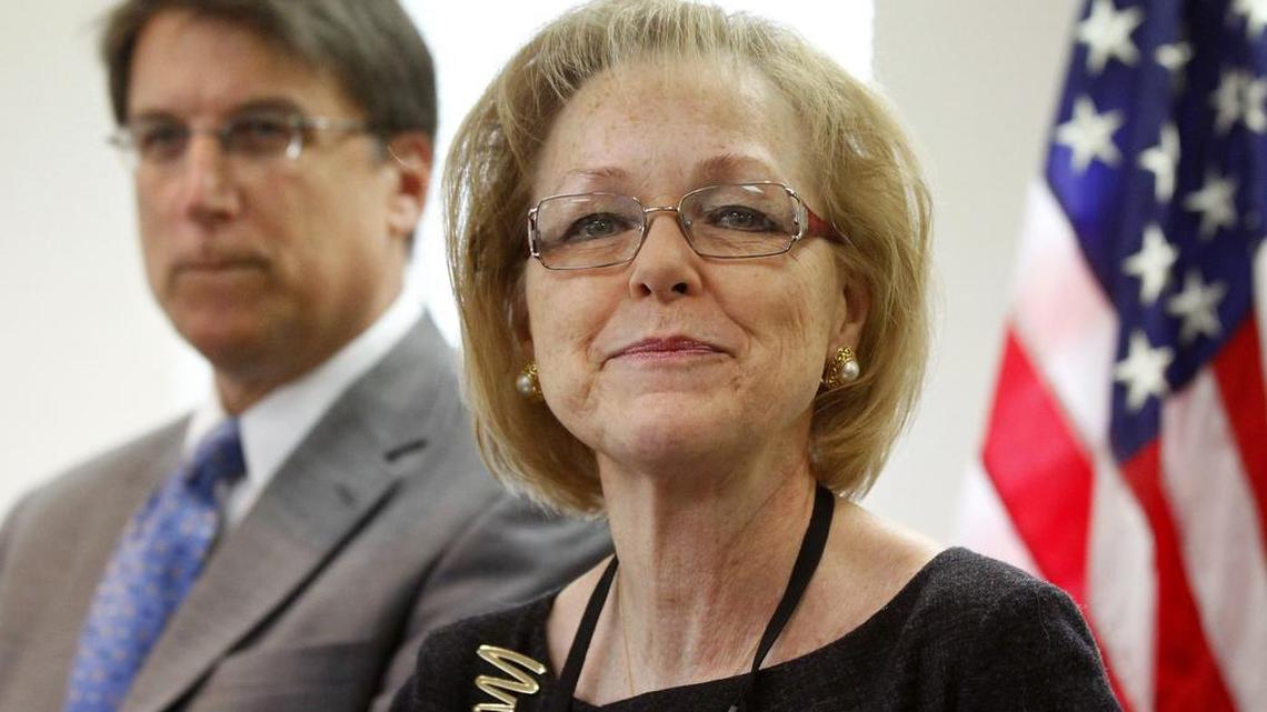 
Gov. Pat McCrory (left) with DHHS Secretary Aldona Wos during a January 2013 news conference in Raleigh.
