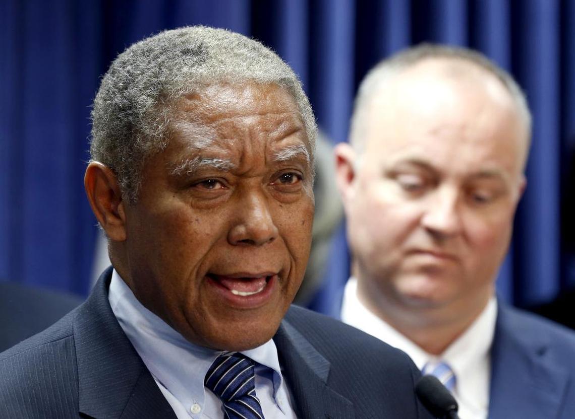N.C. Senate Democratic leader Dan Blue, left, speaks at a press conference outlining what he and his party hope to achieve during the upcoming session of the N.C. General Assembly.