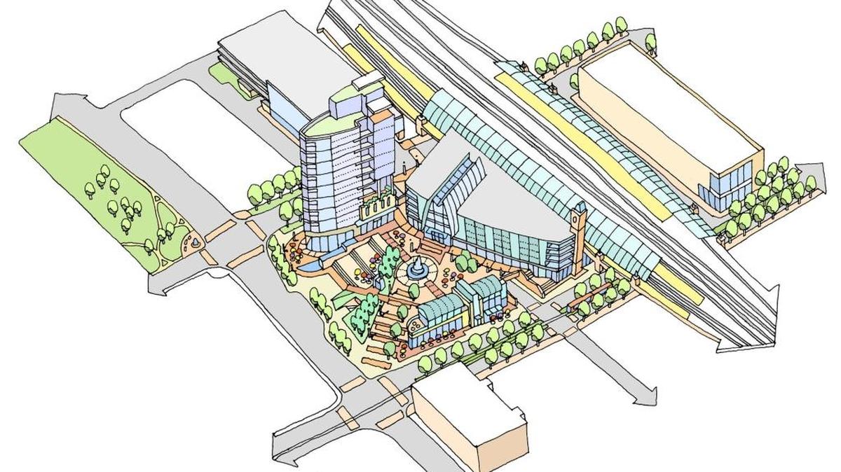 The plans for Charlotte Gateway Station, the inter-modal station planned on West Trade Street. Raleigh city officials plans to discuss the proposed station with Charlotte officials Friday.
