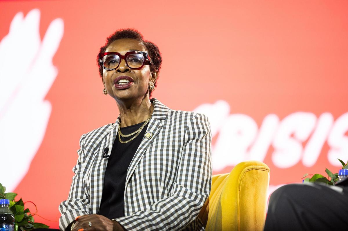 Rep. Yvette Clarke speaks during the “Crisis Point: Defending Democracy and Civil Rights in a Volatile Political Climate” panel discussion at the 116th NAACP National Convention at the Charlotte Convention Center in Charlotte, N.C., on Monday, July 14, 2025.