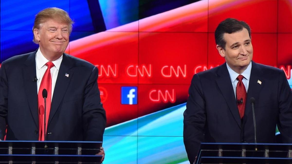 Kicking off a big political week in South Carolina, the major Republican candidates gather at the North Charleston Coliseum and Performing Arts Center for a debate sponsored by the Fox Business Network. In this December 15, 2015 file photo, Republican presidential hopefuls Donald Trump (L) and Ted Cruz wre on stage at the Republican Presidential Debate, hosted by CNN, at The Venetian Las Vegas in Las Vegas, Nevada.