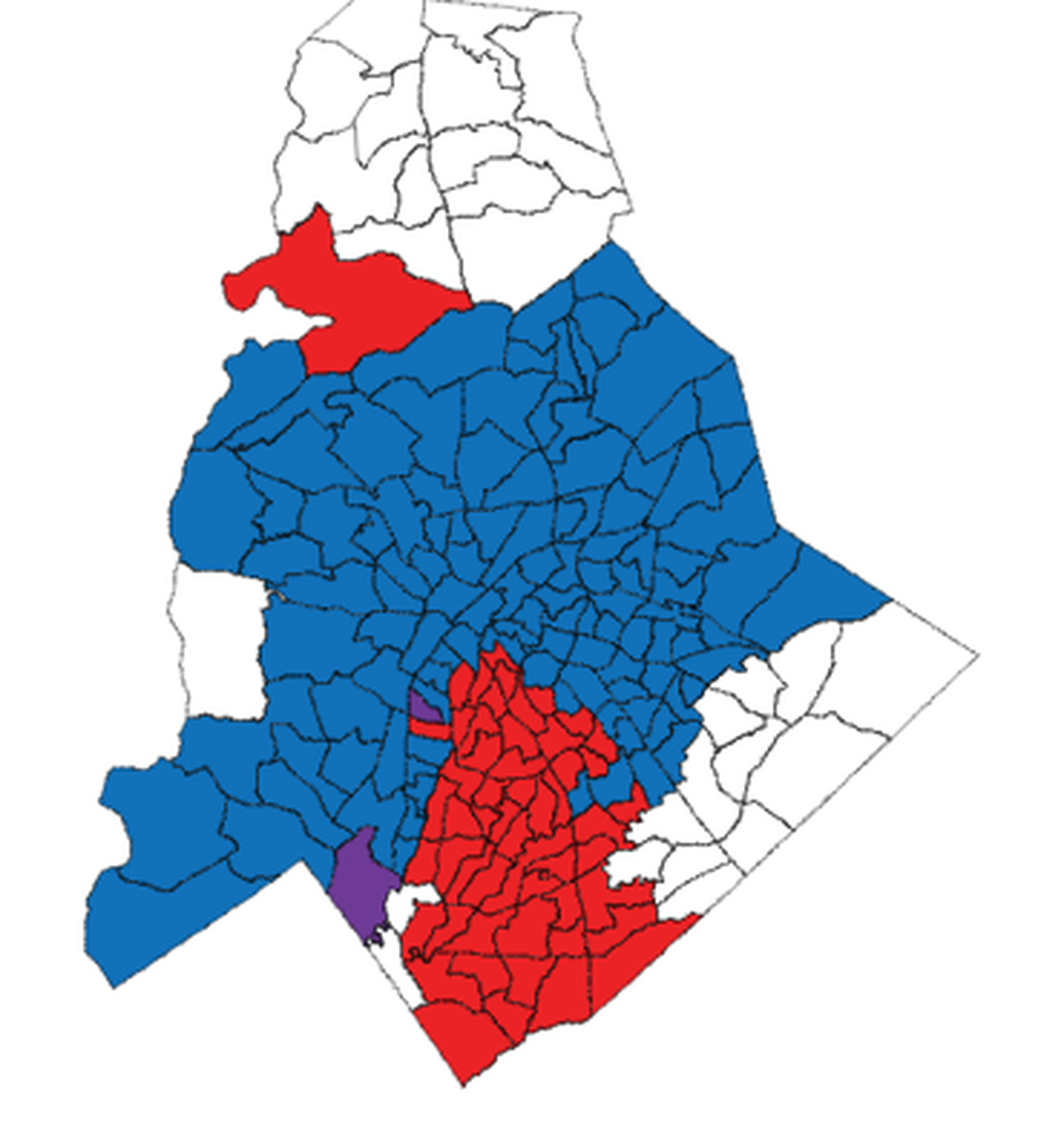In the 2017 mayoral election, Democrat Vi Lyles defeated Republican Kenny Smith. Lyles won the precincts in blue. Smith won the red precincts.