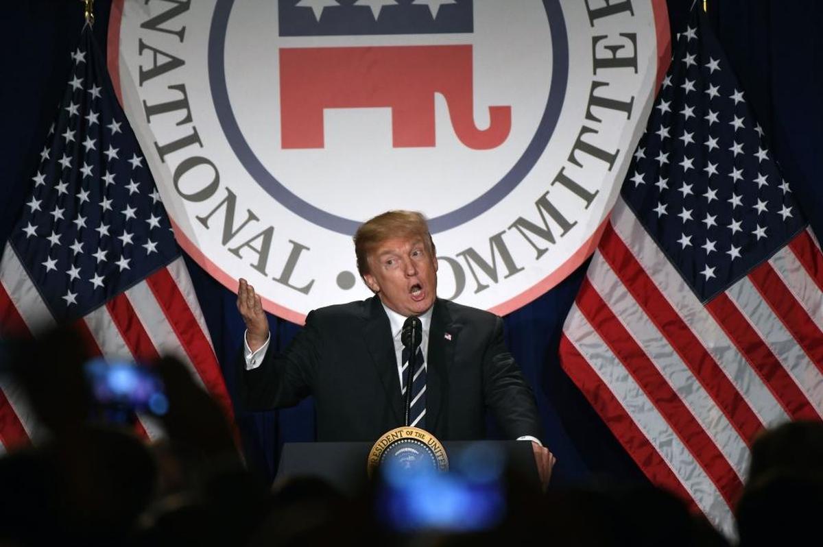 President Donald Trump delivers remarks at the Republican National Committee winter meeting at the Trump International Hotel in Washington, D.C., on Thursday, Feb. 1, 2018.