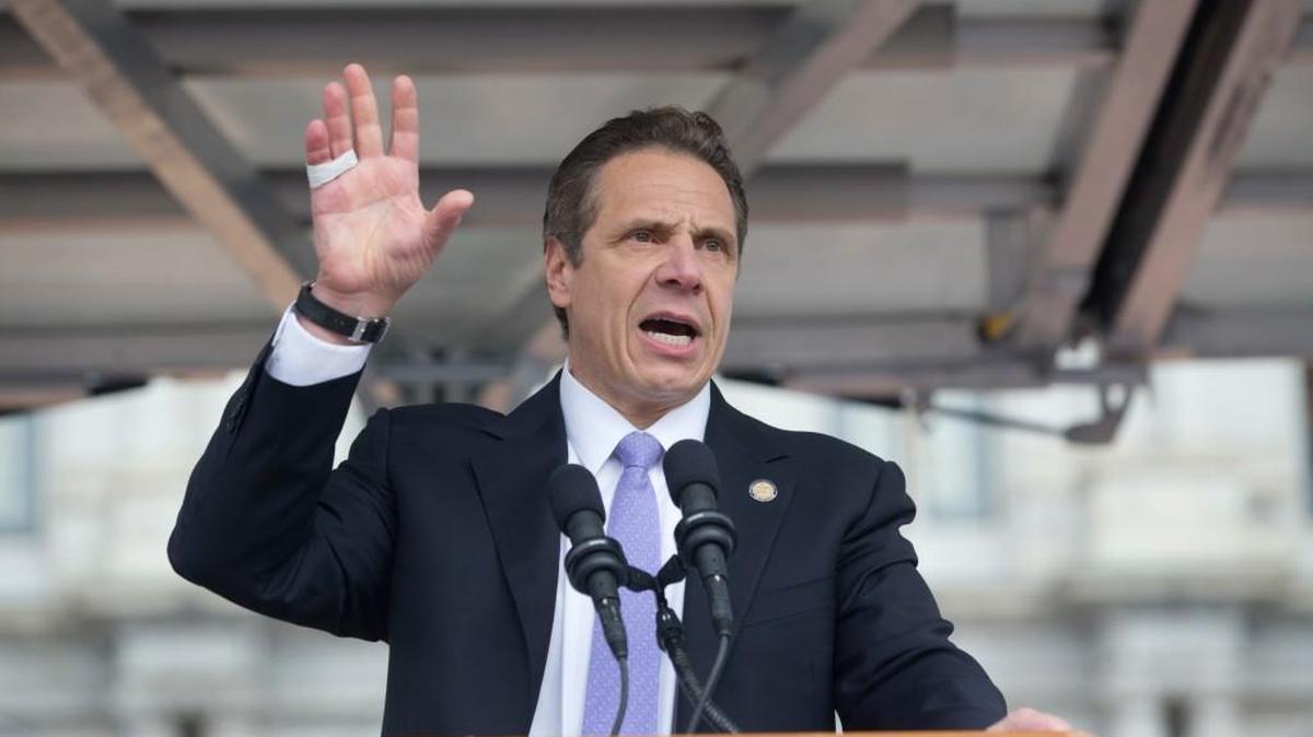 New York Gov. Andrew Cuomo speaks during a rally at the Empire State Plaza on Tuesday, March 15, 2016, in Albany, N.Y. Cuomo has issued a ban on state-funded travel to North Carolina.
