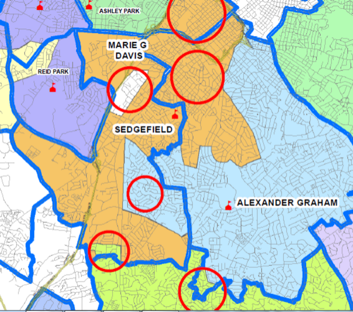 Sedgefield, Alexander Graham and Carmel Middle schools would have their boundaries remade under a CMS proposal released Tuesday.