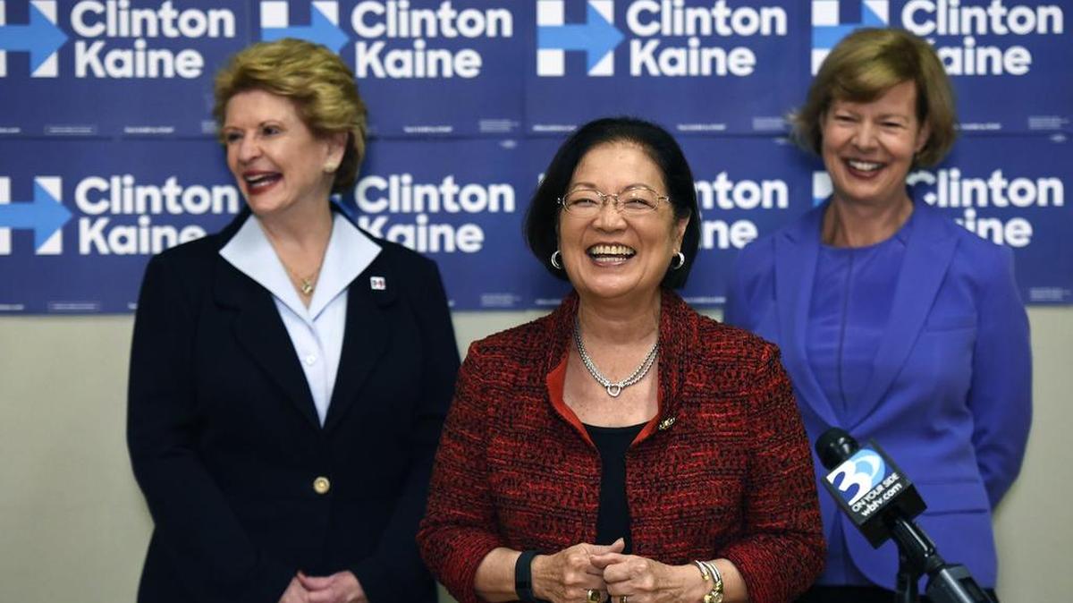 (L-R) U.S. Sens. Debbie Stabenow of Michigan, Mazie Hirono of Hawaii, and Tammy Baldwin of Wisconsin – all Democrats – were in Charlotte on Friday (Oct. 7) to promote Hillary Clinton for president and Deborah Ross for Senate. Their main appeals were to women voters in this crucial battleground state.